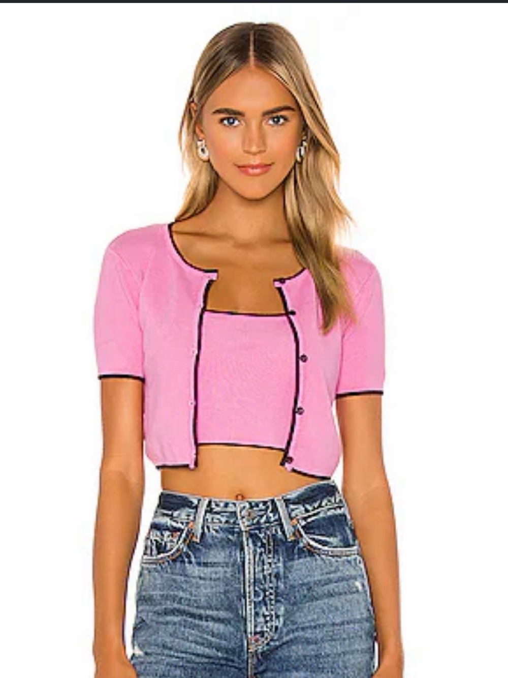 MAJORELLE Barbie Pink Cropped Button-Up Top with Black Trim + crop top -2 pieces